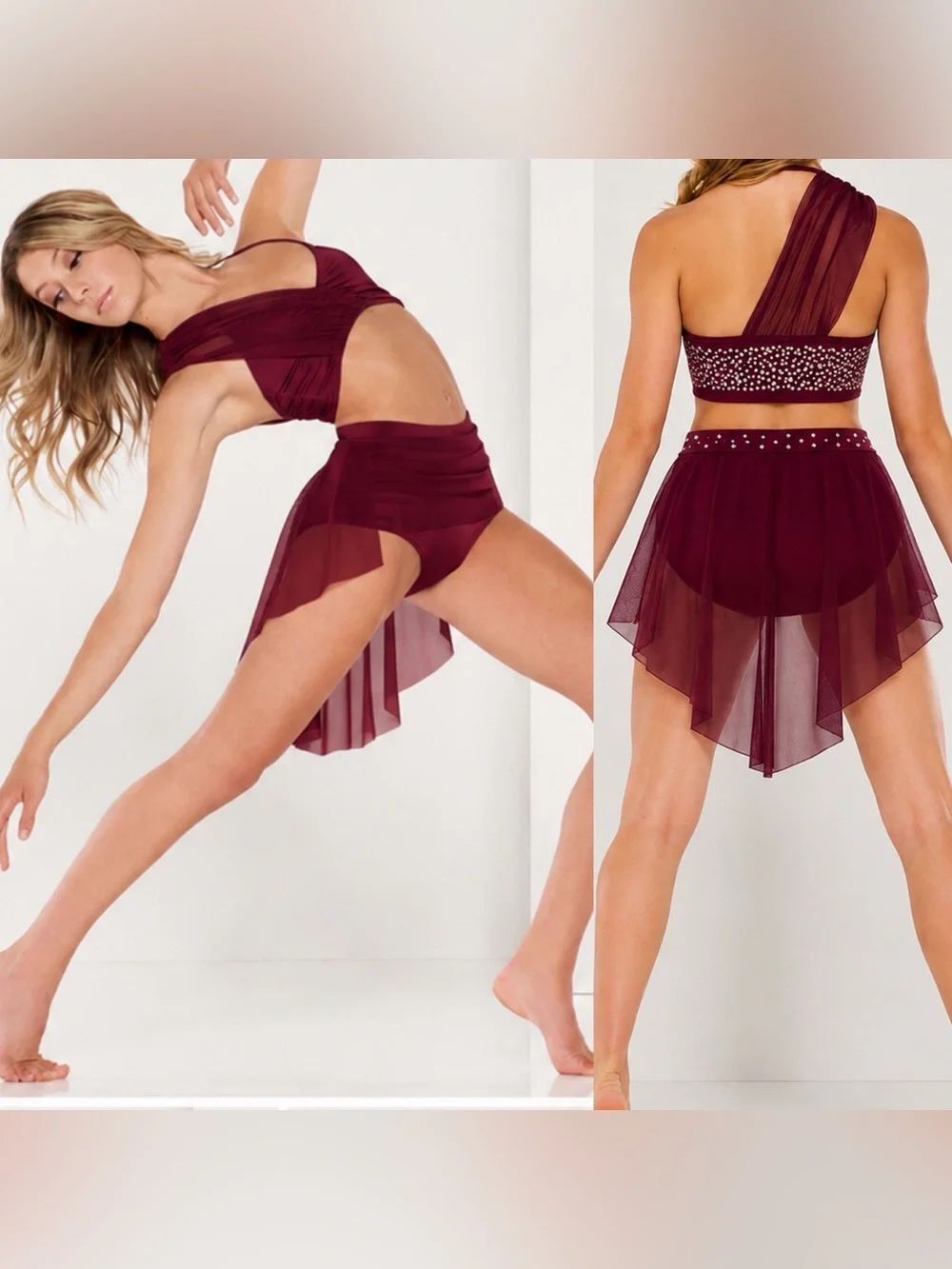 Kelle dance custom rhinestone solo costume burgundy red 2 piece 7114 teen